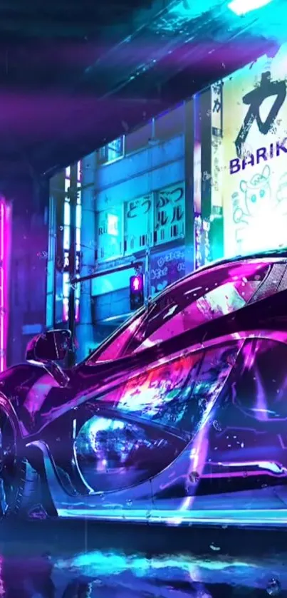 Futuristic neon car in vibrant city nightscape.