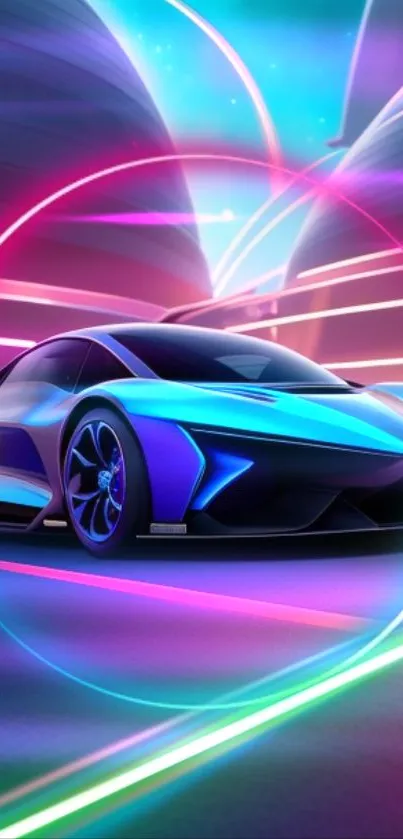 Futuristic sports car with neon glow in a tech-inspired setting.
