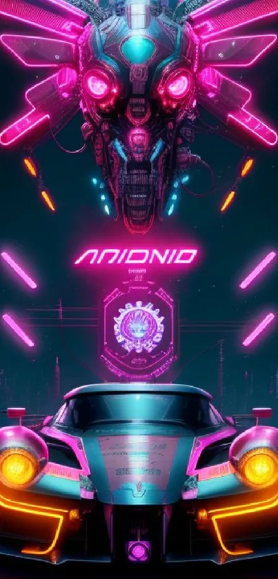 Futuristic car in neon colors with cyberpunk style elements against a cityscape.