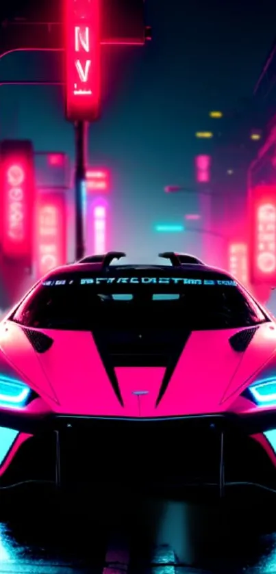 Neon-lit futuristic sports car in cyberpunk city.