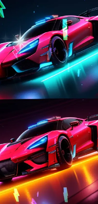 Futuristic neon car with cyan and pink lights on a dark background.