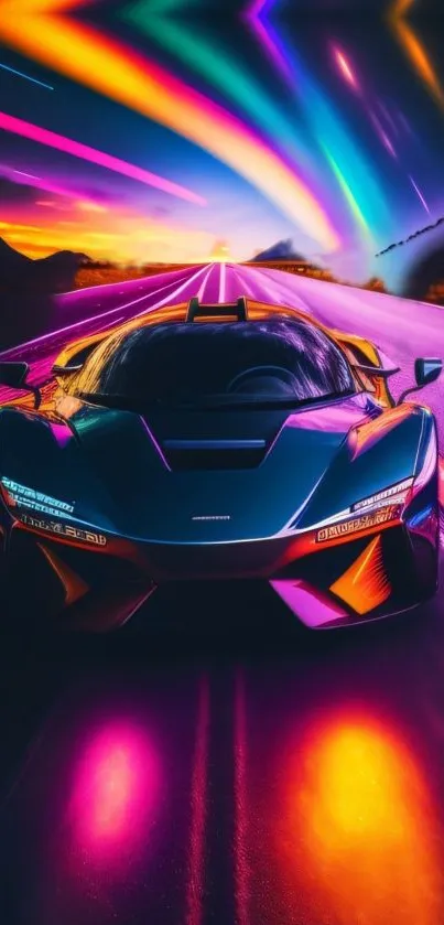 Futuristic neon car on a vibrant road.