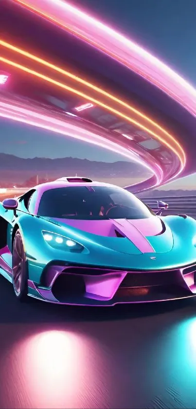 Futuristic car with neon lights on a digital road.