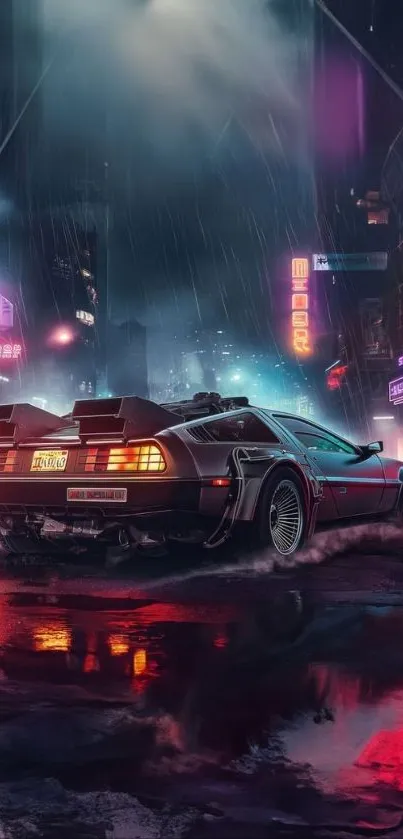 A DeLorean car in a neon-lit city at night.