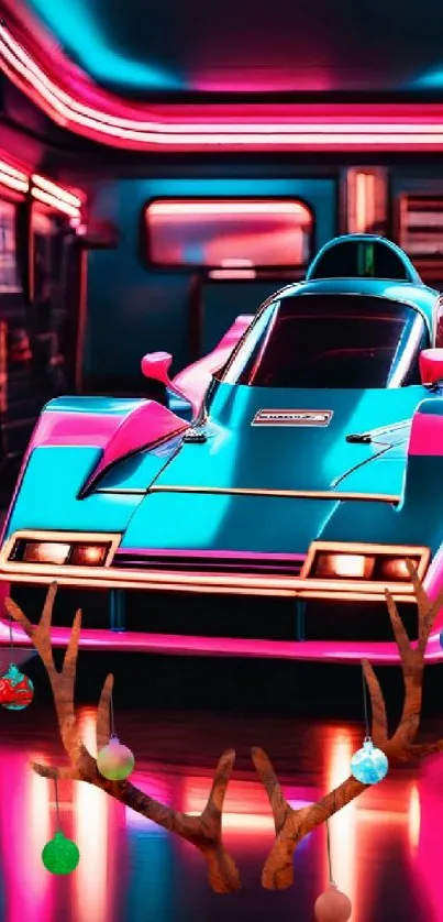 Neon-lit futuristic car in a vibrant garage setting with glowing accents.