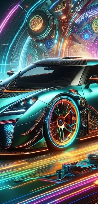 Futuristic car with neon lights in digital art.