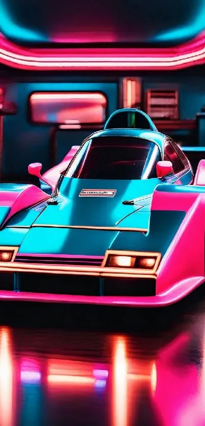 Futuristic car with neon lights in vibrant colors.