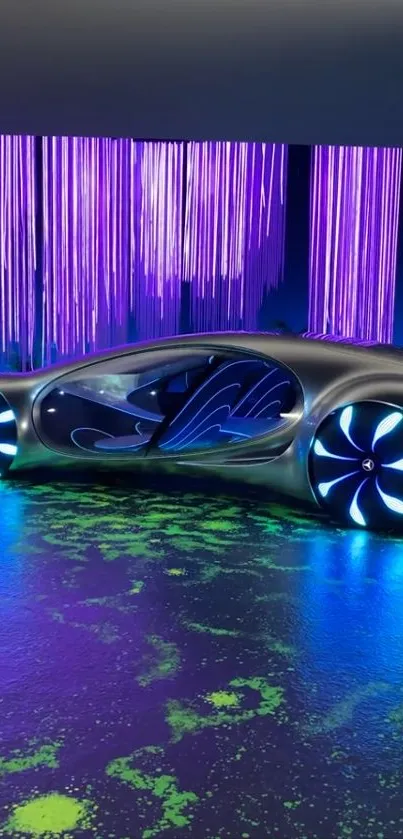 Futuristic car with neon lights in a modern setting.