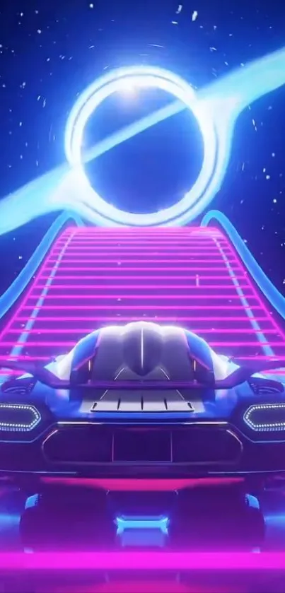 Futuristic car under neon lights with cosmic background.