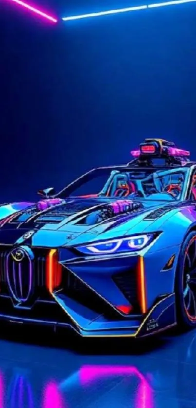 Futuristic car with neon lights in vibrant colors.