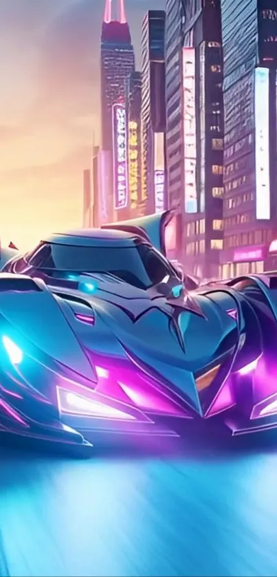 Futuristic car with neon lights racing through a vibrant cityscape.