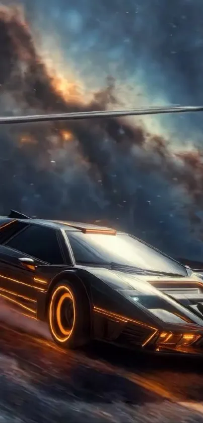 Futuristic car with neon lights racing through a cosmic landscape.