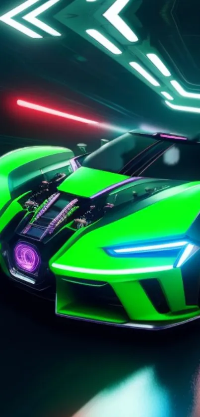 Futuristic neon green car with high-tech design elements.