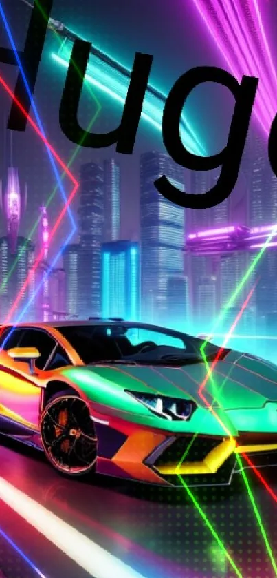 Futuristic neon sports car with a cityscape backdrop.