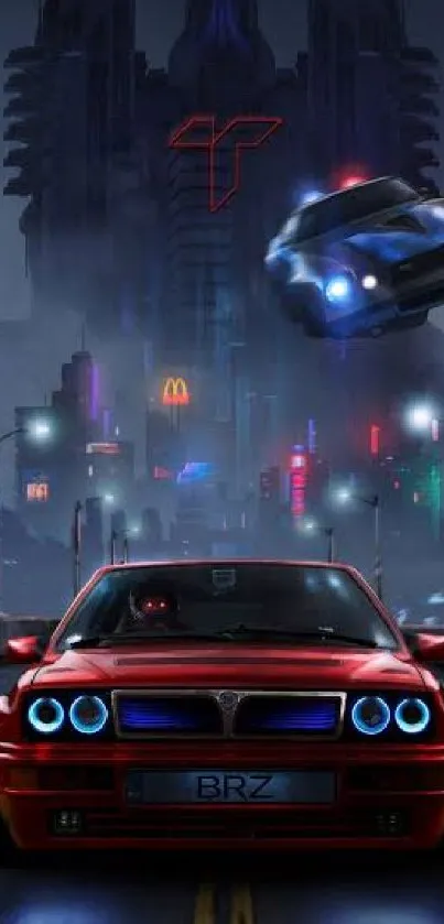 Futuristic cityscape with neon cars and lights, ideal for sci-fi wallpaper.