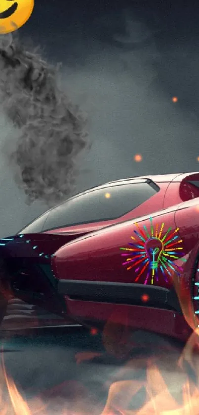 Futuristic neon car with glowing wheels and sleek design on a foggy background.