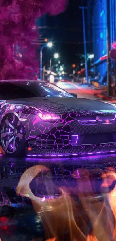 Futuristic car with neon purple glow at night.