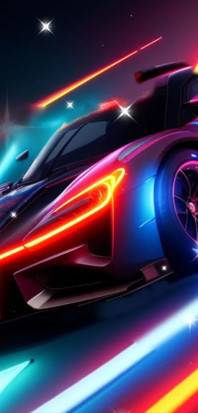 Futuristic sports car with vibrant neon lights for mobile wallpaper.