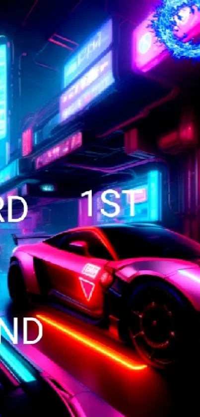 Futuristic neon car in a cyberpunk cityscape.