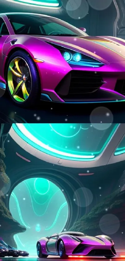 Futuristic car with neon lights in a sci-fi setting, featuring vibrant magenta hues.