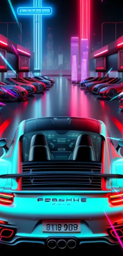 Futuristic sports cars with neon lights glowing in an urban night scene.