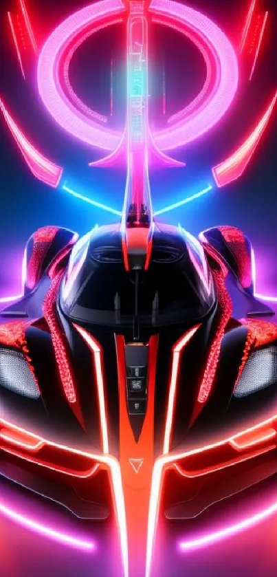 Futuristic car with neon pink and red lights on a dark background.