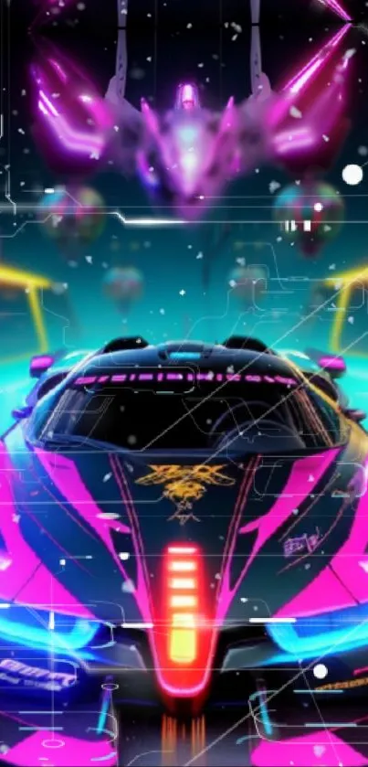 Vibrant futuristic wallpaper with a neon car and cyber design.