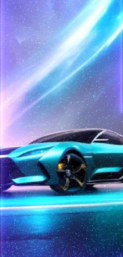 Futuristic neon blue car glowing on digital art backdrop.