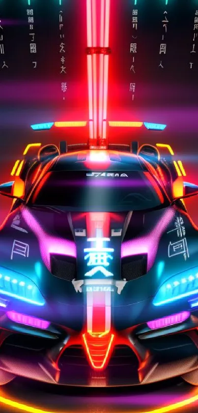 Futuristic neon-lit car against black background.