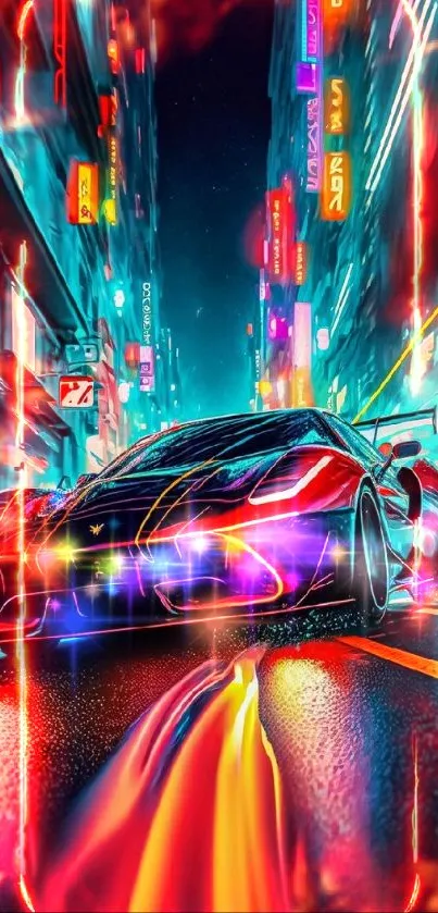 Futuristic neon sports car in a cyberpunk cityscape with vibrant lighting.