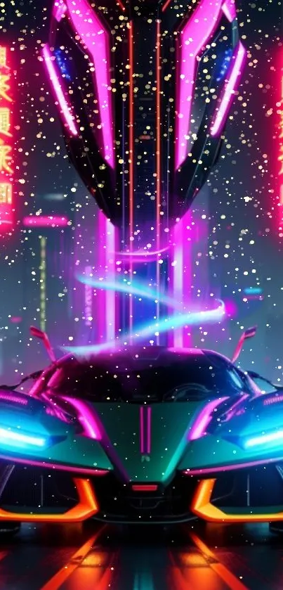 Futuristic neon sports car with vibrant city lights in the background.