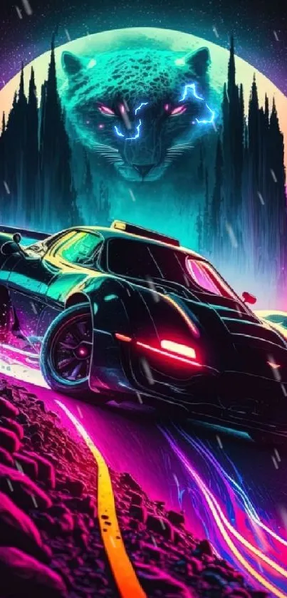 Futuristic car in a neon-lit cyberpunk landscape with a mystical feline.