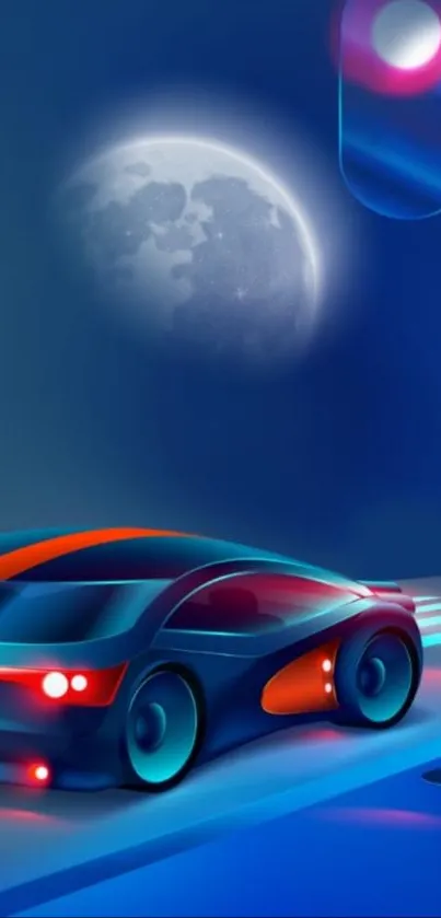 Futuristic neon car with glowing moon background.