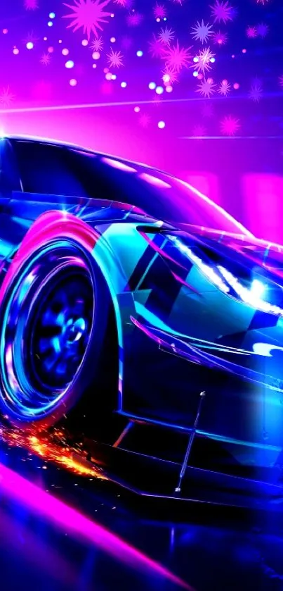 A sleek neon sports car racing in a futuristic city with vibrant colors.