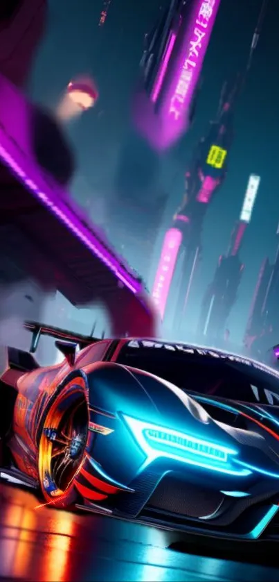 Futuristic car in a neon-lit cityscape, showcasing vibrant urban art.