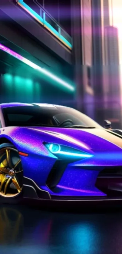 Vibrant futuristic car with neon lights in a cityscape setting.