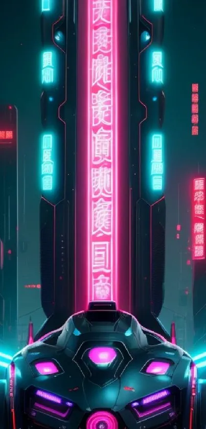 Futuristic car glowing in neon cityscape, showcasing cyberpunk aesthetics.