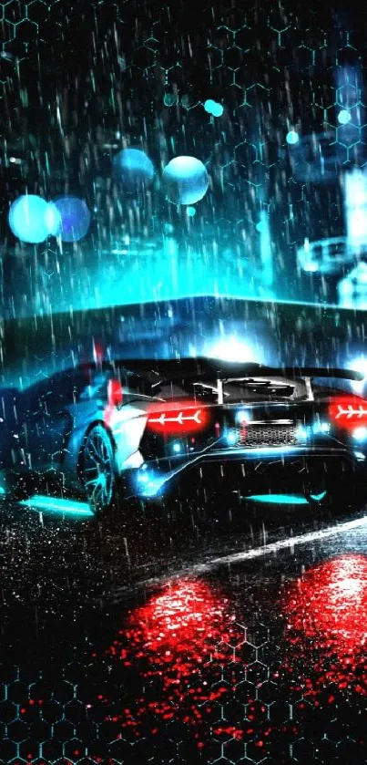 Futuristic neon car on a rainy cyberpunk city street wallpaper.