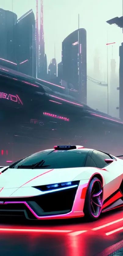 Futuristic neon car in a cyberpunk cityscape.