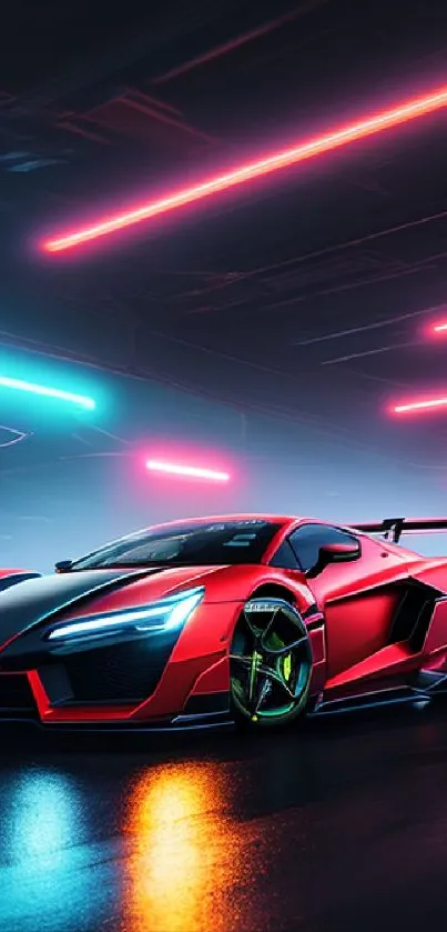 Futuristic sports car under neon lights.