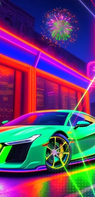 Futuristic neon car in a vibrant cityscape wallpaper.