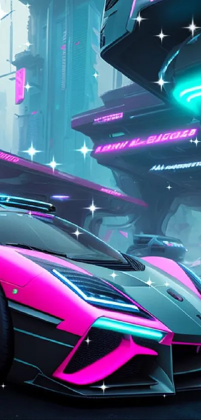 Futuristic neon-lit sports car in a vibrant cityscape wallpaper.