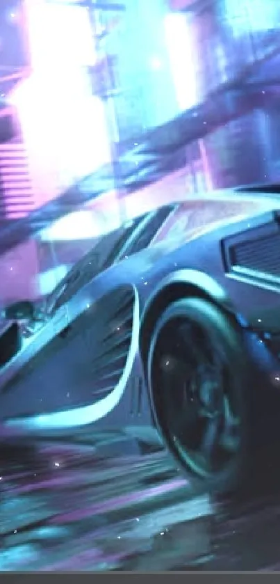 Futuristic neon car in cyberpunk cityscape wallpaper.