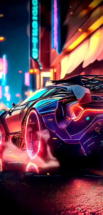 Futuristic car with neon lights on a vibrant urban street.