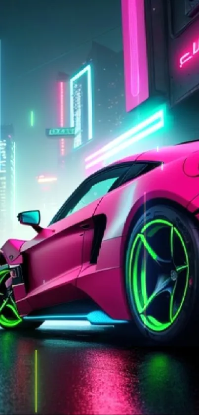 Futuristic neon-lit car racing in cyberpunk cityscape wallpaper.