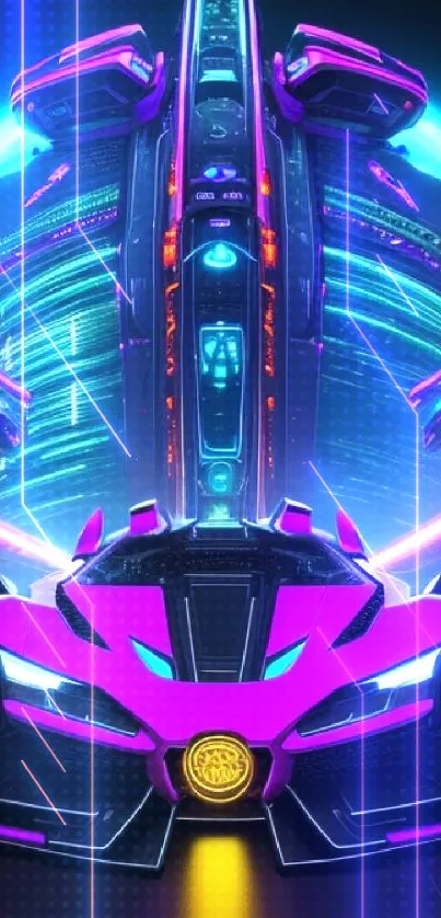 Futuristic neon car against vibrant city backdrop.
