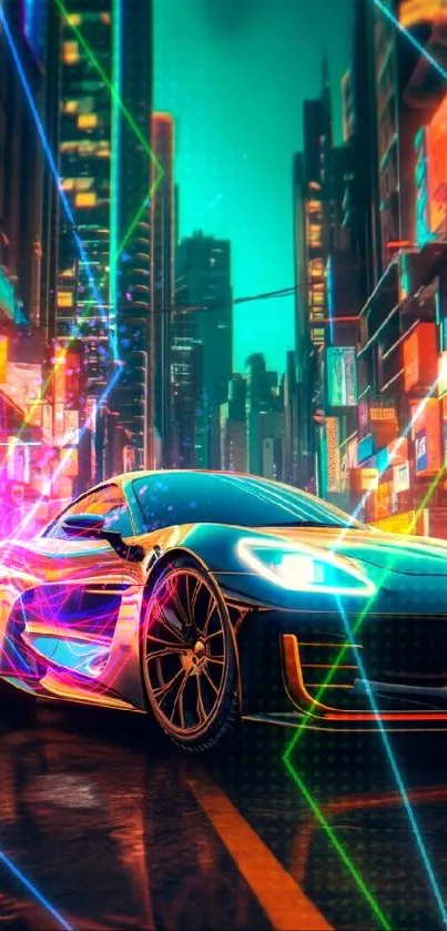 Futuristic car in a neon-lit cityscape, perfect for mobile wallpaper.