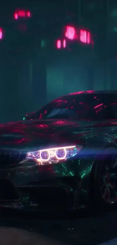 Sleek car in neon pink light on a futuristic city street at night.