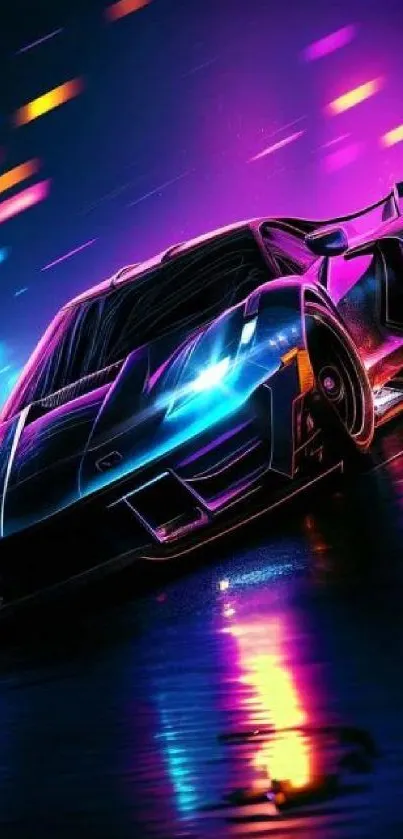 Futuristic car with neon lights and vibrant colors in a dynamic scene.