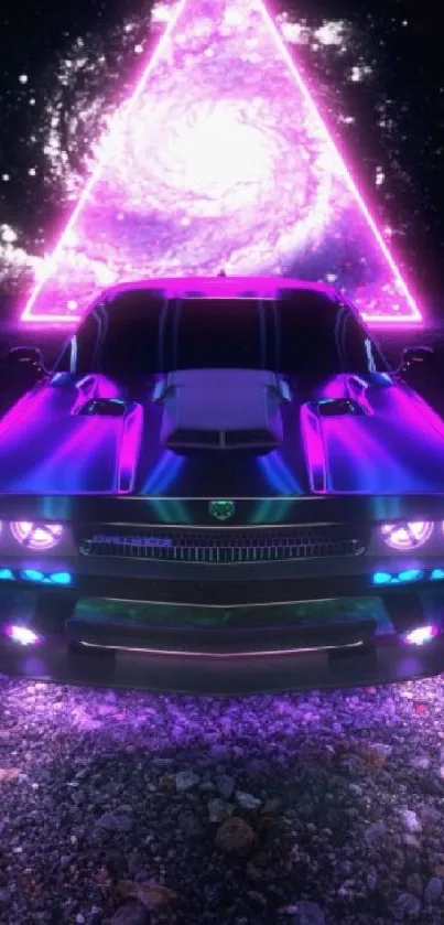 Neon car with cosmic triangle in background.